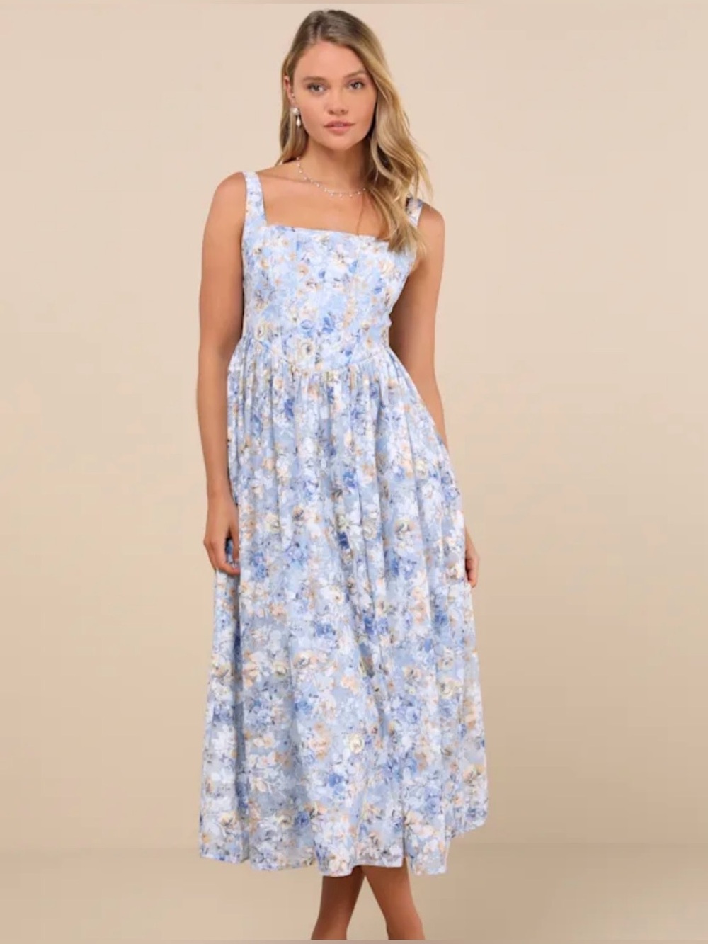 Lulu’s - Colwyn Light Blue Floral Jacquard Bustier Midi Dress